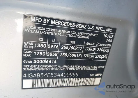 2003 Mercedes-Benz Ml 320 from USA, damaged, VIN 4JGAB54E53A400955